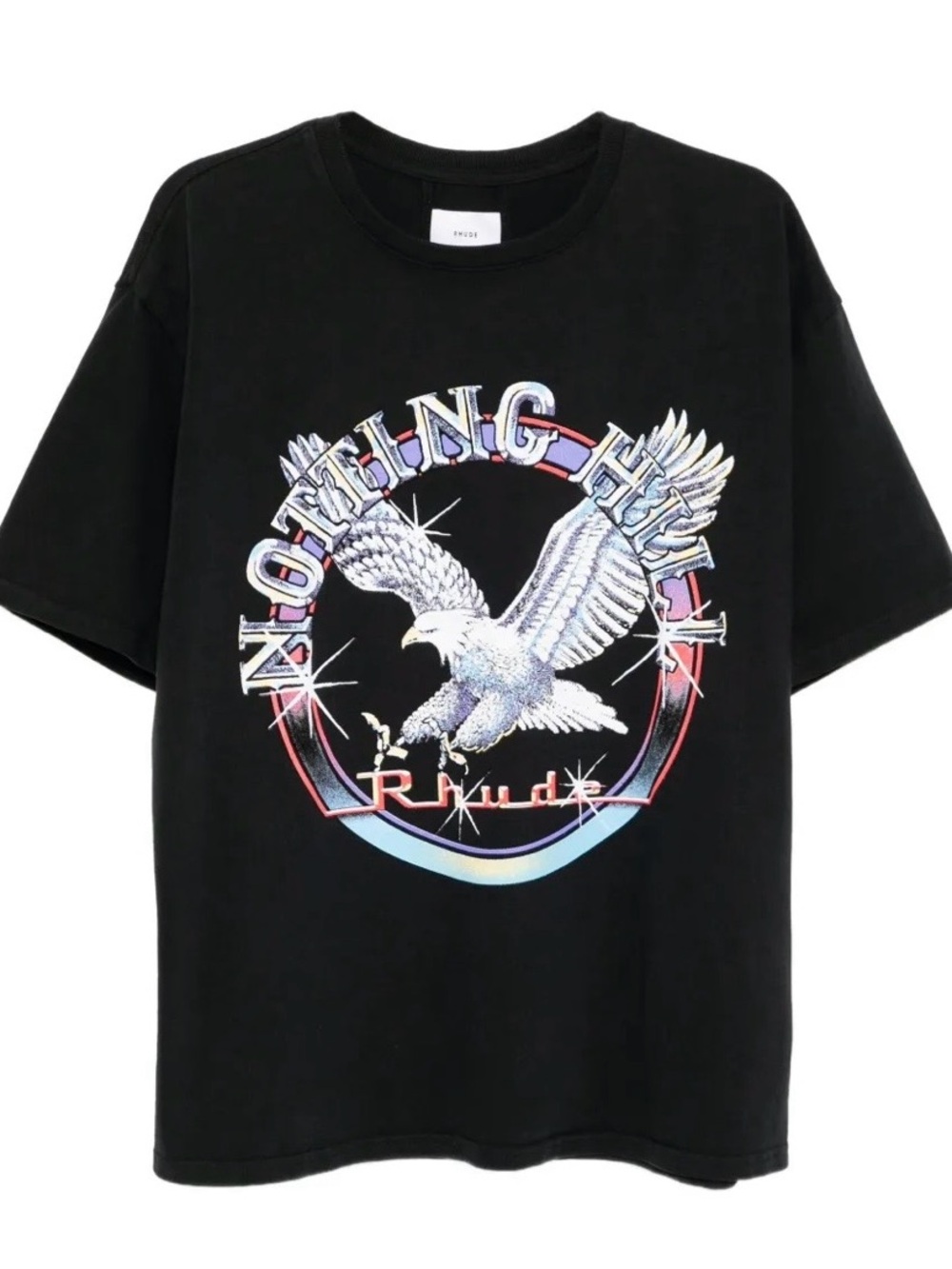 Rhude Black Graphic Tee with Multi-Color Eagle Print Size Medium